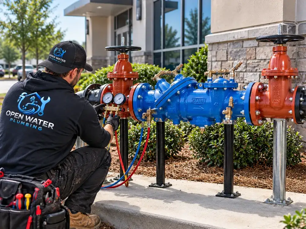 Open Water Plumbing testing a backflow preventer outside a commercial building