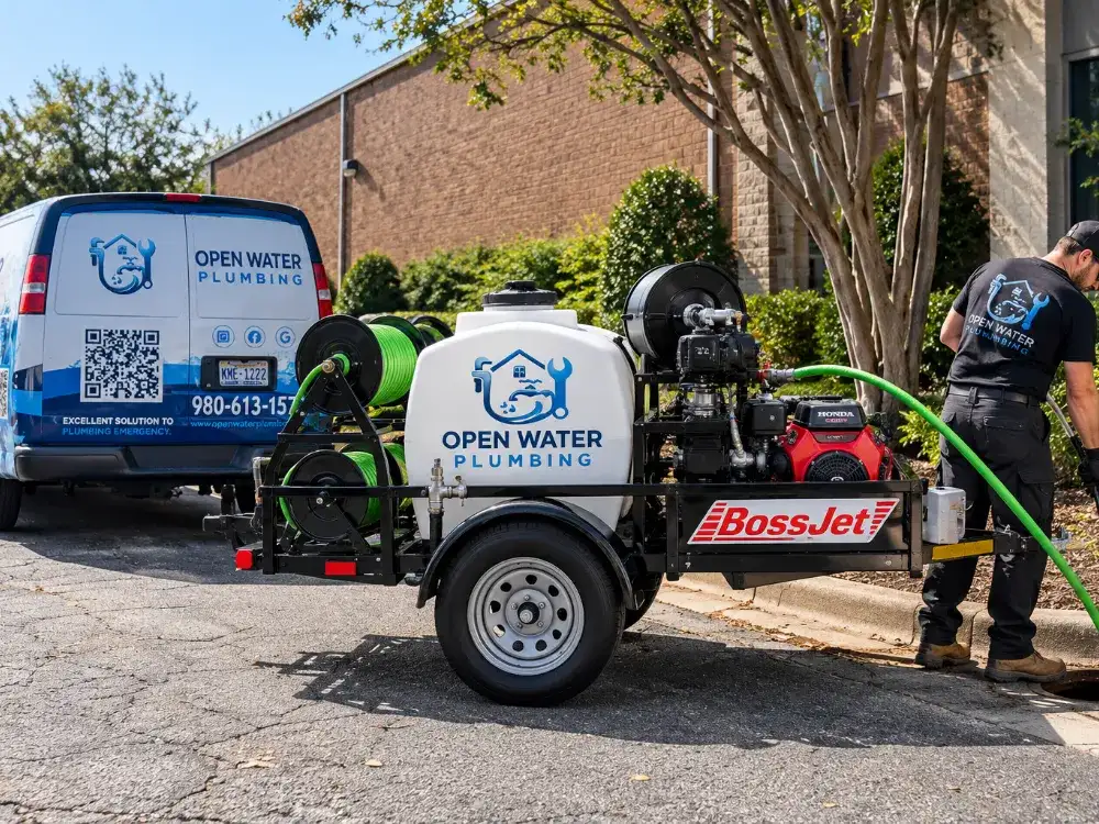 Open Water Plumbing jetting trailer working a commercial drain