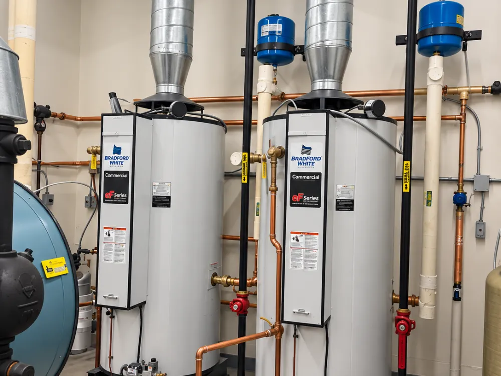 Two commercial water heaters and their gas and flue connections