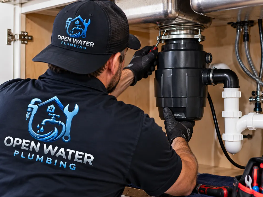 Open Water Plumbing fitting a garbage disposal under a kitchen sink