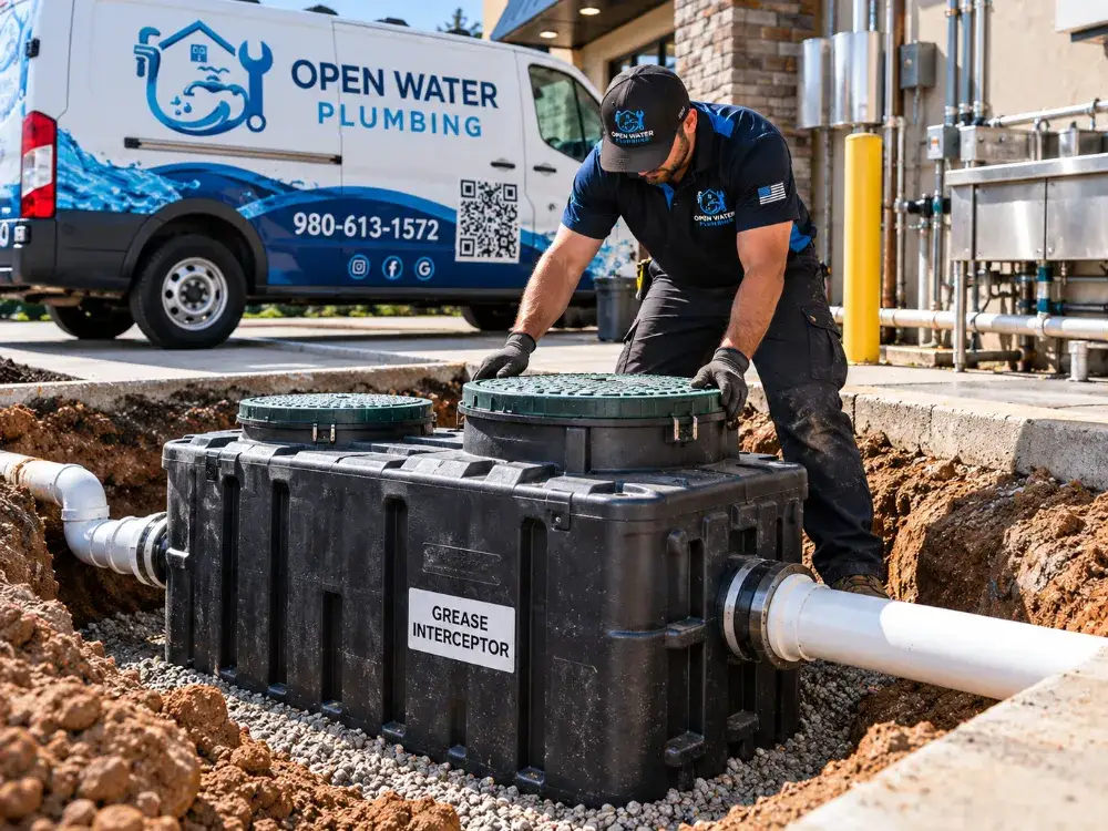 Open Water Plumbing setting a grease interceptor outside a restaurant