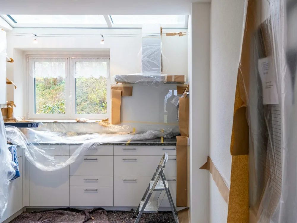 Kitchen stripped back and sheeted off during a remodel