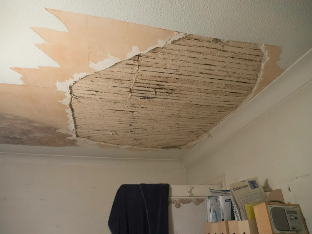 Ceiling opened up to reach the pipe behind a water leak
