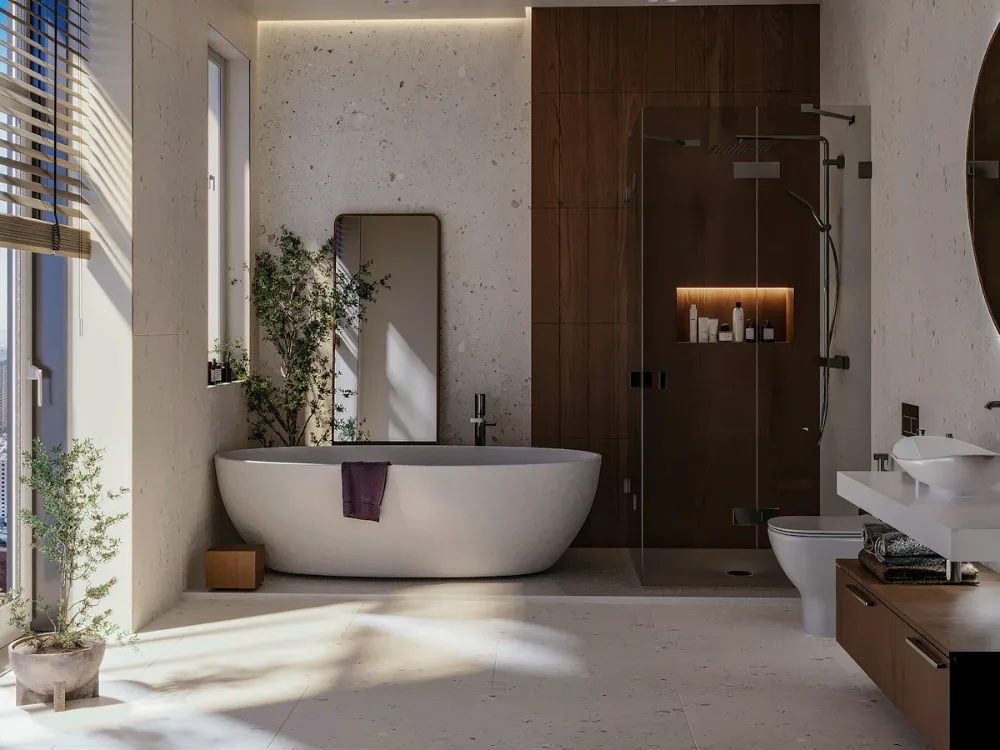 Freestanding bath and twin basins in a finished bathroom