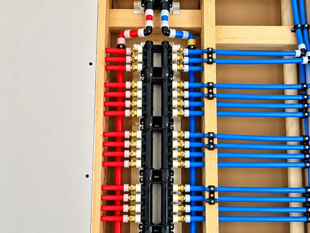 PEX manifold and water distribution piping in an open wall