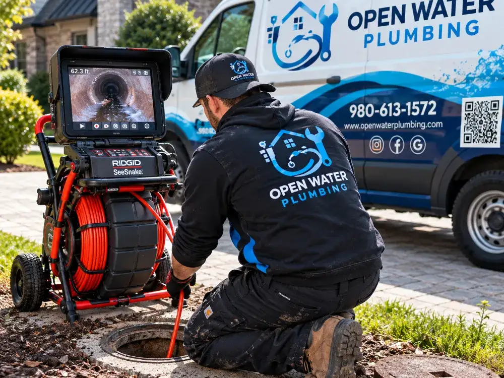 Open Water Plumbing running a sewer camera down a cleanout