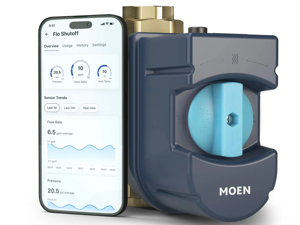 Moen Flo smart water shut-off valve beside its phone app